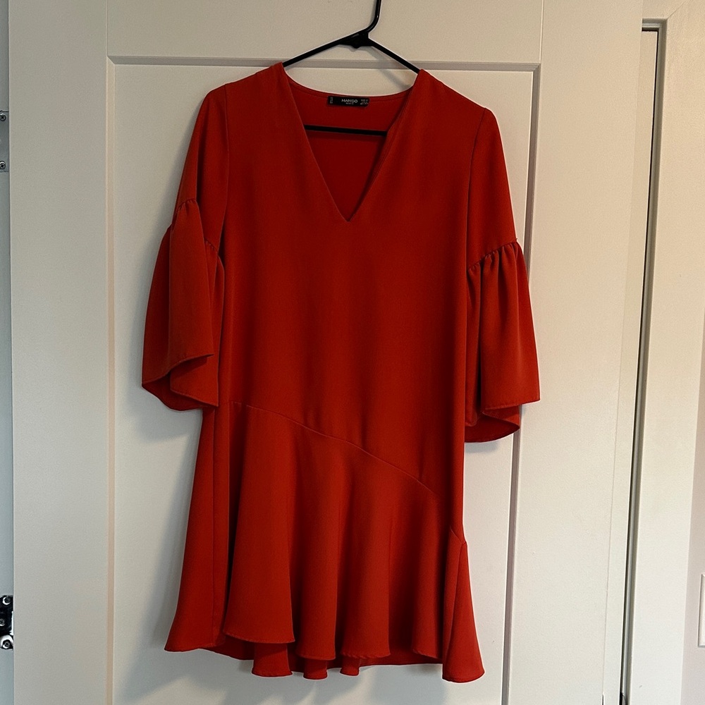 MANGO Flowy V-Neck Ruffle Sleeve Tunic Dress - Rust Red